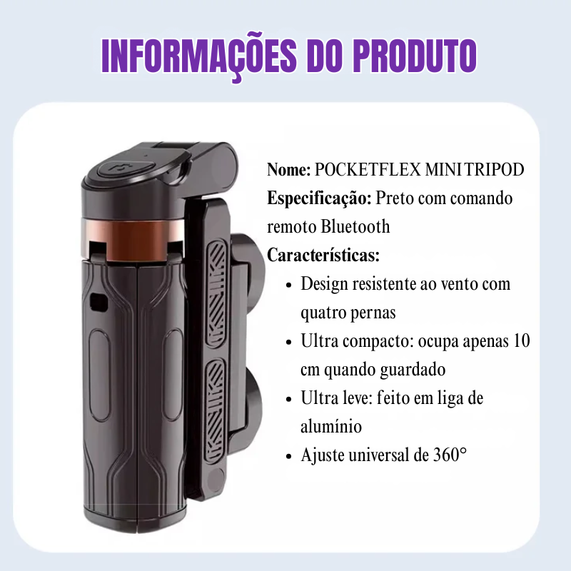 Pocketflex Mini Tripod 2025 📷 Tripé e Pau de Selfie 3 em 1 com Controlo Remoto Bluetooth Capture Momentos Inesquecíveis