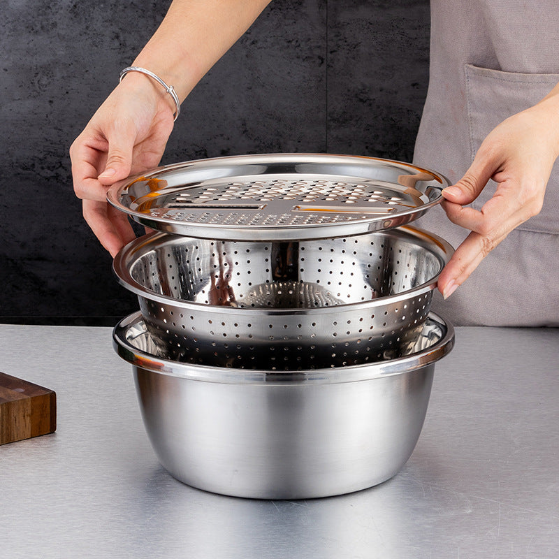 Conjunto 3 em 1 com Bacia de Inox, Escorredor e Cortador/Ralador de Legumes