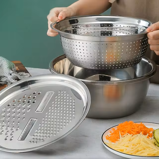 Conjunto 3 em 1 com Bacia de Inox, Escorredor e Cortador/Ralador de Legumes