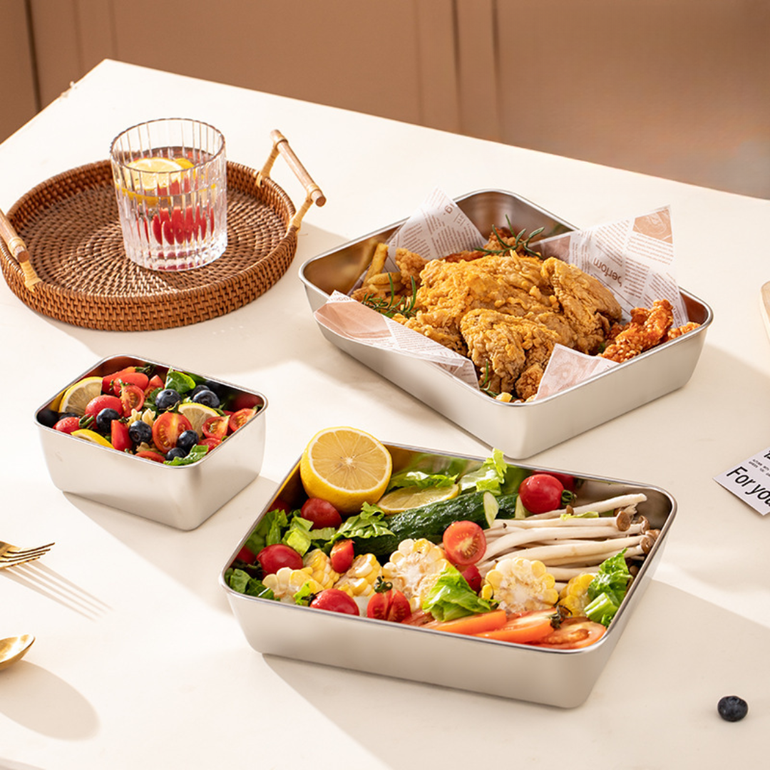 Caixas para conservação de alimentos, bandeja retangular de aço inox SUS304 (25x20x5cm)