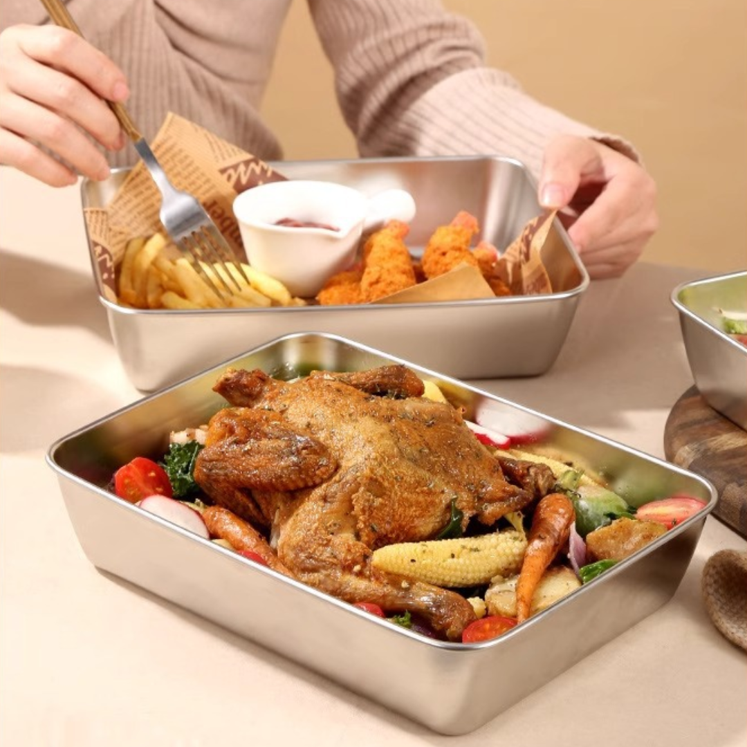 Caixa de armazenamento de alimentos SUS304, tabuleiro retangular em aço inoxidável com tampa de borracha, seguro para a saúde. (25cm*19,5cm*5cm)