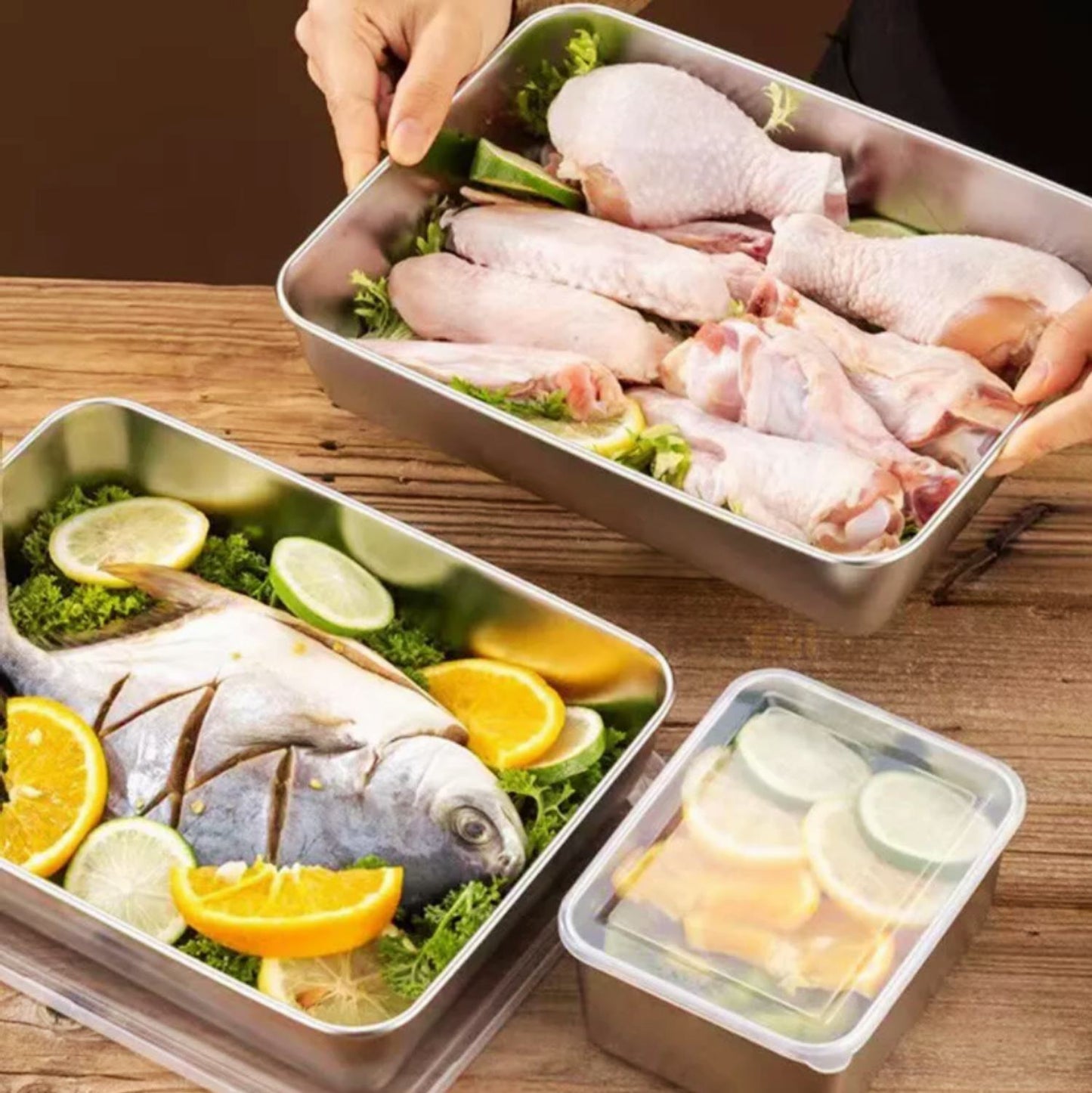 Caixas para conservação de alimentos, bandeja retangular de aço inox SUS304 (25x20x5cm)