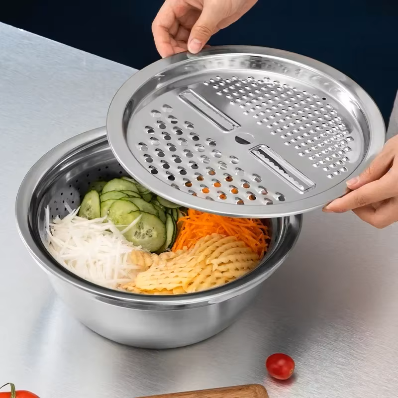 Conjunto 3 em 1 com Bacia de Inox, Escorredor e Cortador/Ralador de Legumes