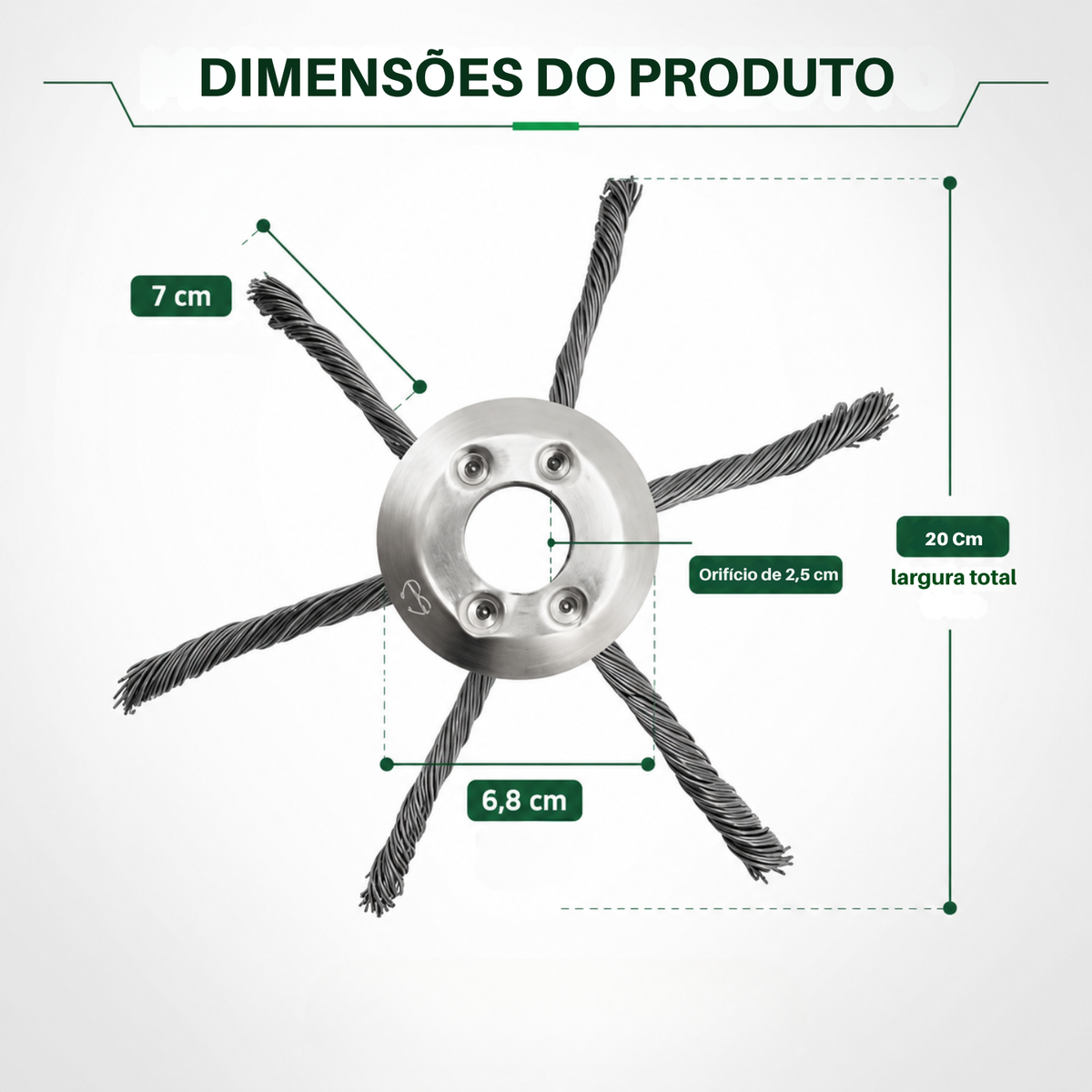 A cabeça da roçadora tem 6 braços em arame de aço entrançado resistente