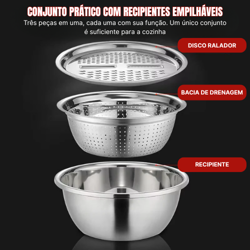 Conjunto 3 em 1 com Bacia de Inox, Escorredor e Cortador/Ralador de Legumes