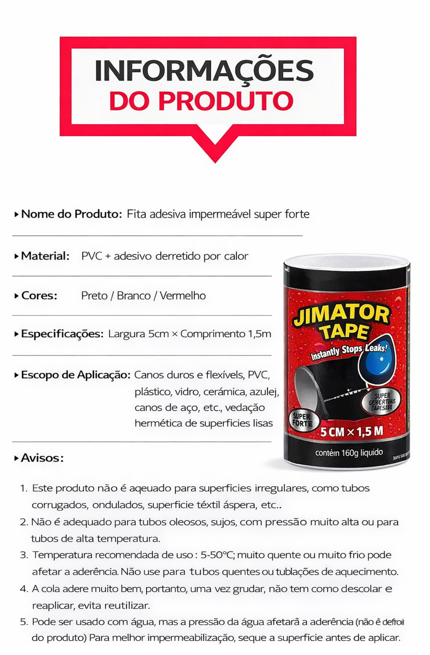 Fita Vedante Impermeável de Alta Aderência, Fita de Reparo em Borracha com Adesivo Ultra Forte, Veda Vazamentos Instantaneamente Mesmo com Água Correndo