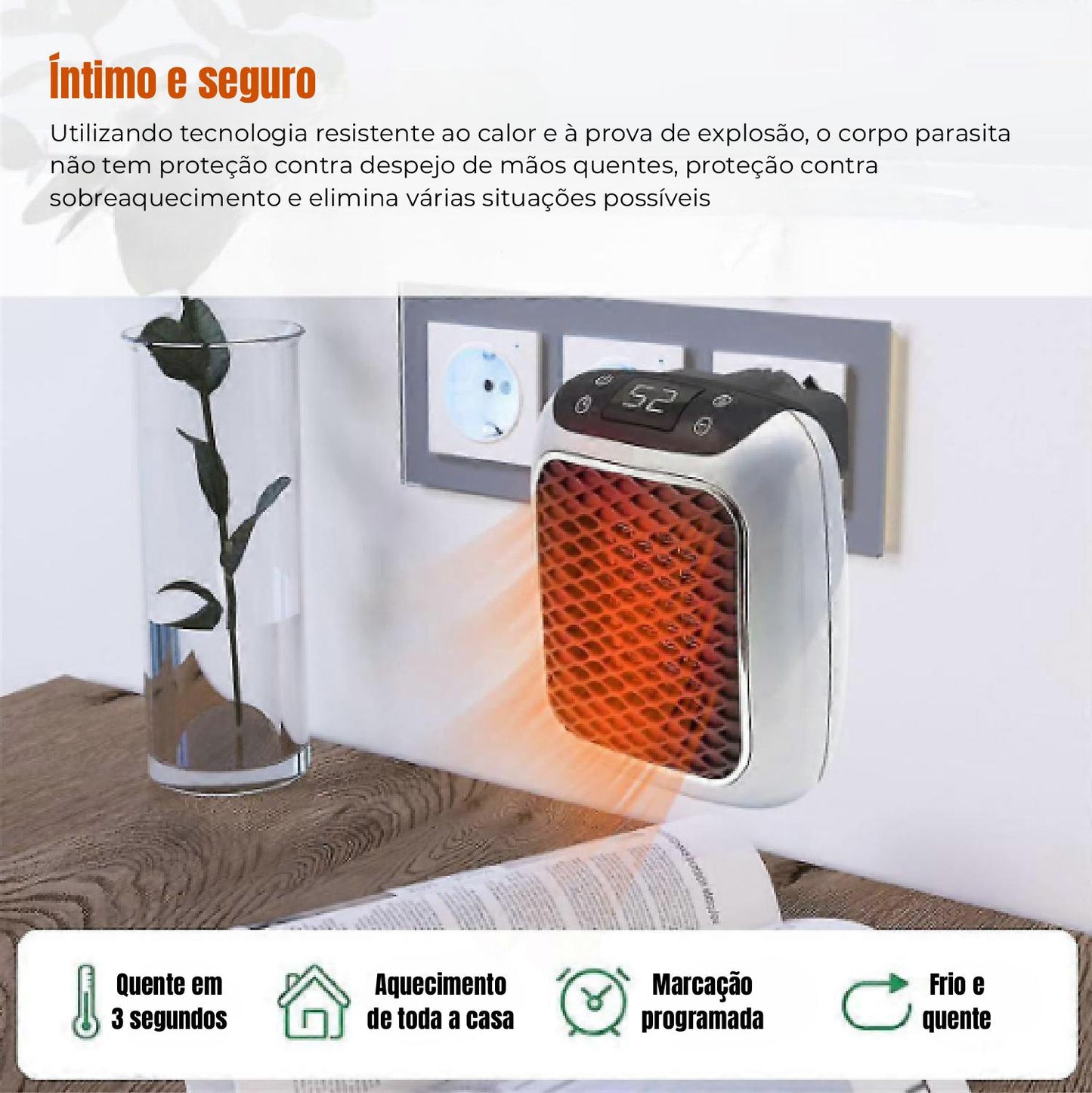 Aquecedor Handy Heater Turbo 800 Watt para Economia de Espaço - Aquecedor de Tomada de Parede e Silencioso para Pequenos Espaços