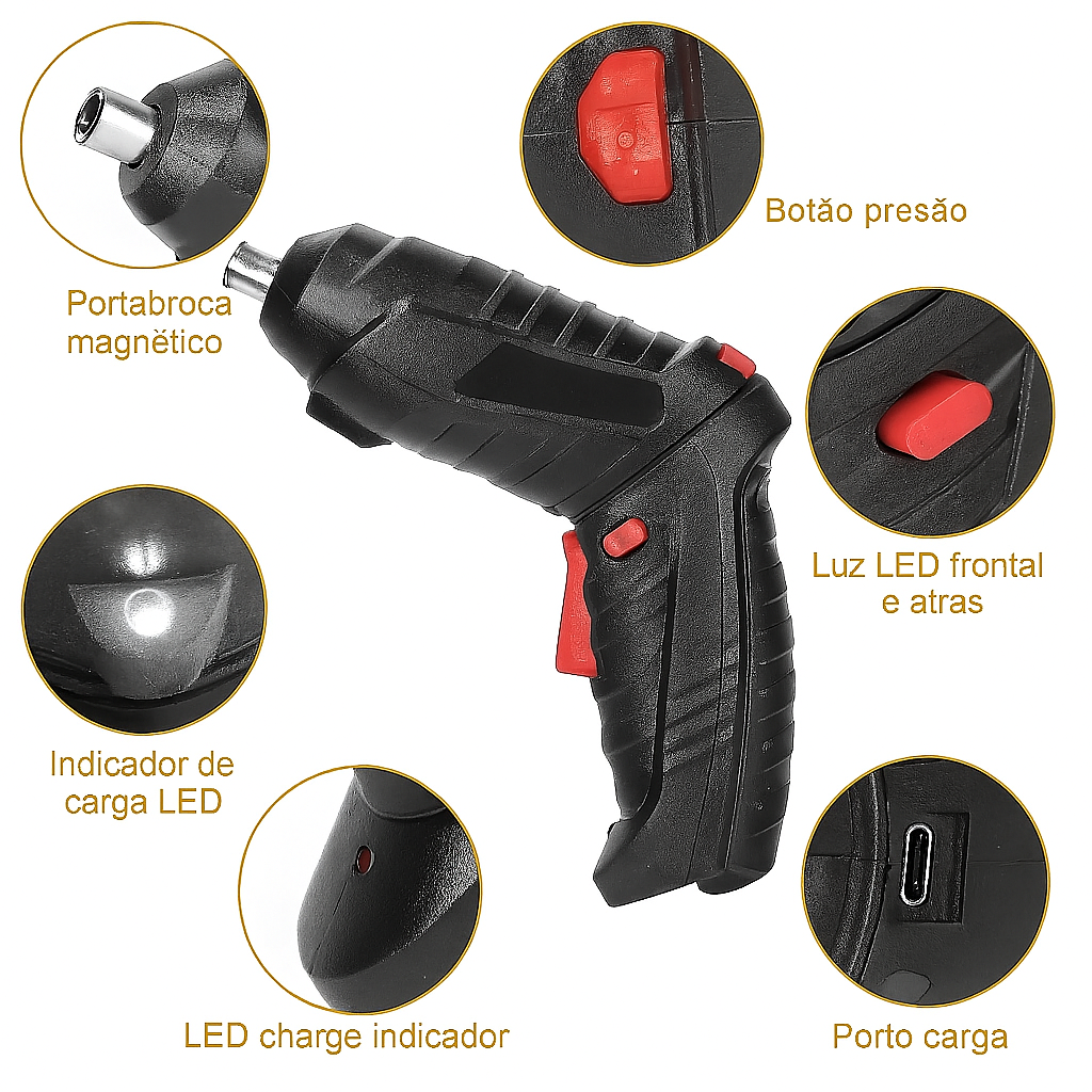 Chave de Fenda Elétrica Multifuncional – Com Luz LED Integrada, Rotação nos 2 Sentidos, Compacta e Potente