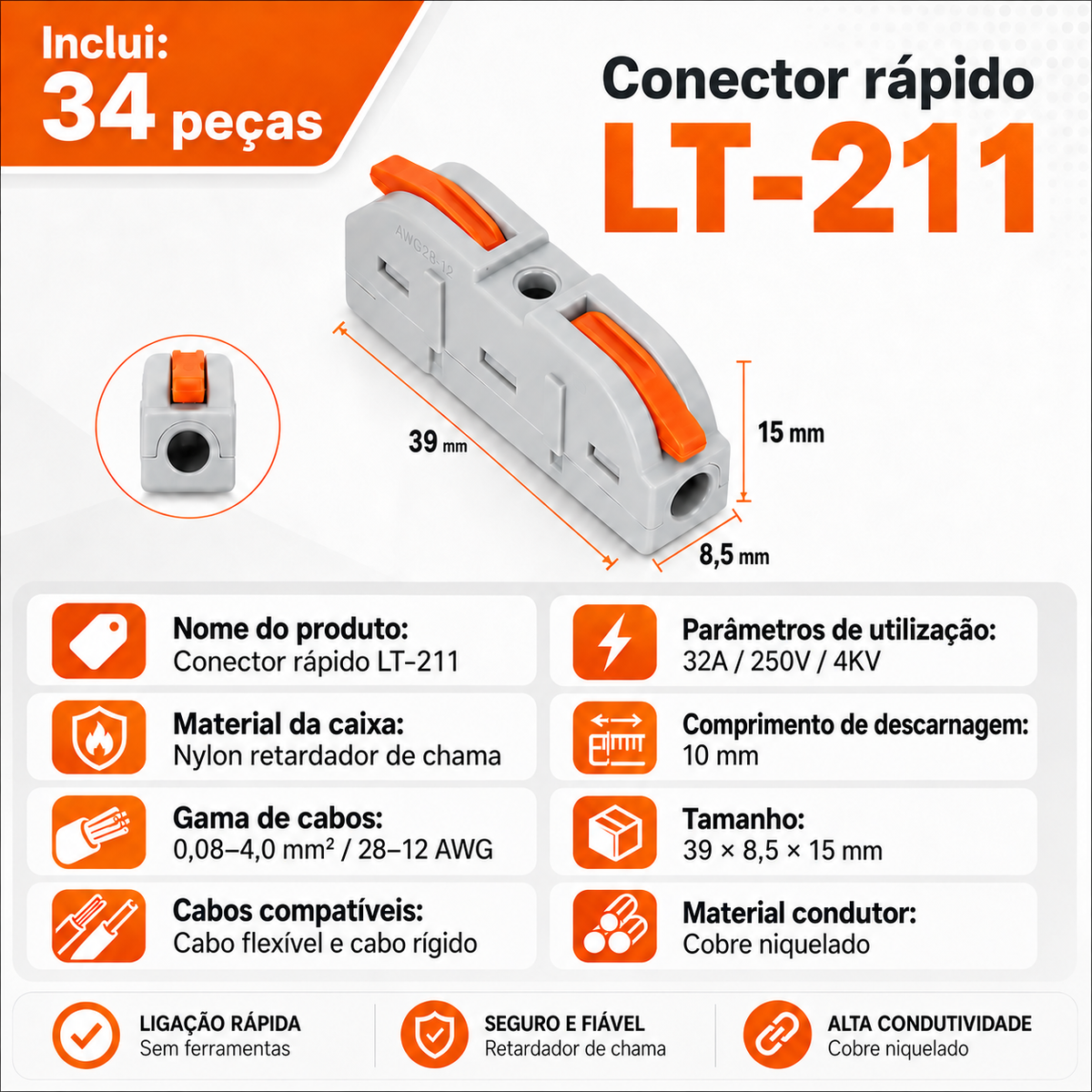 Conjunto De 34 Conectores Elétricos Rápidos De Alavanca Reutilizáveis, 2 Portas