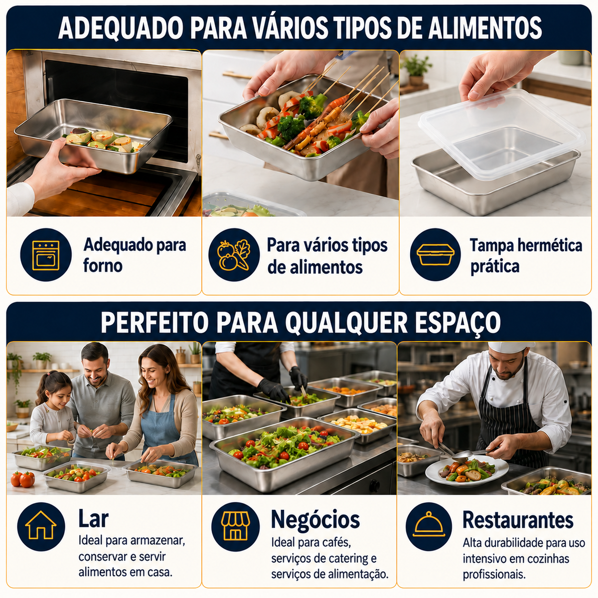 Recipientes em aço inoxidável SUS304 de 2400 ml | Alimentos frescos por mais tempo (25×20×5 cm)