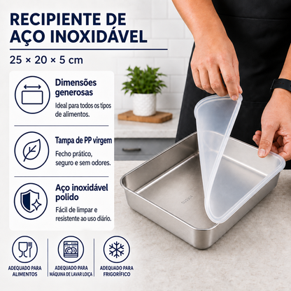 Recipientes em aço inoxidável SUS304 de 2400 ml | Alimentos frescos por mais tempo (25×20×5 cm)