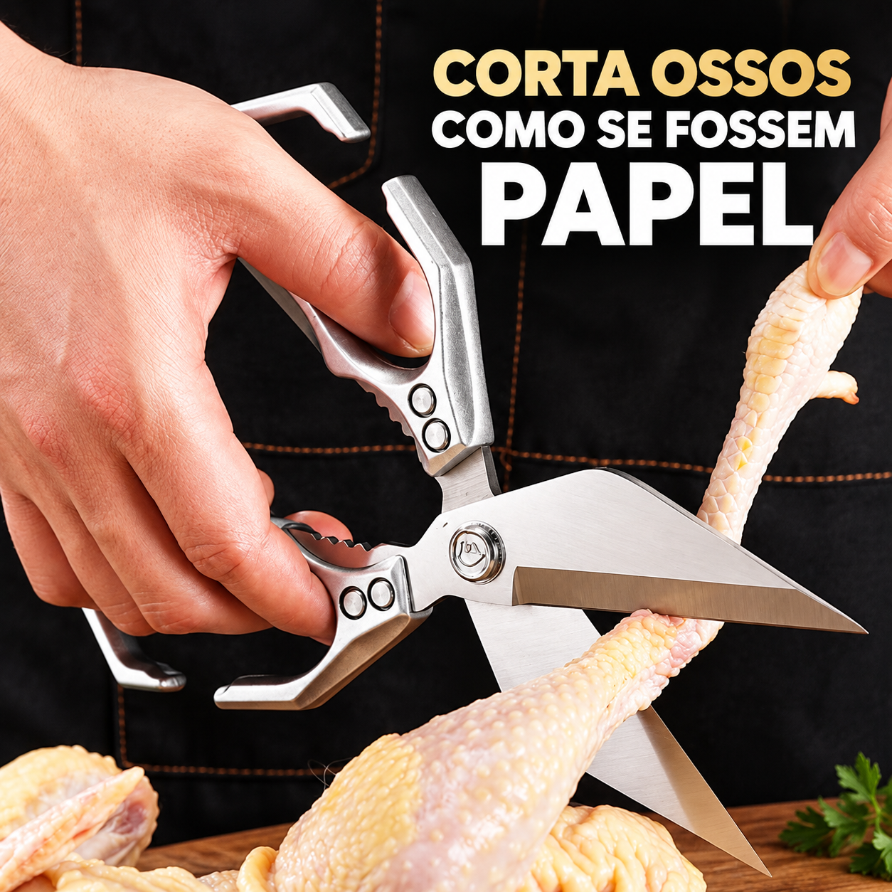 Tesoura a cortar uma peça de frango