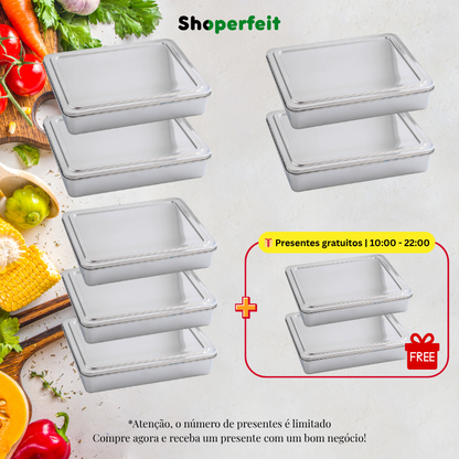 [🎁 Conjunto 7+2 Grátis]  SUS304 Caixas Com Tampa Para Tabuleiro De Servir Em Aço Inoxidável  – Saudáveis, Premium e Compatíveis com Micro-ondas (2000ml)