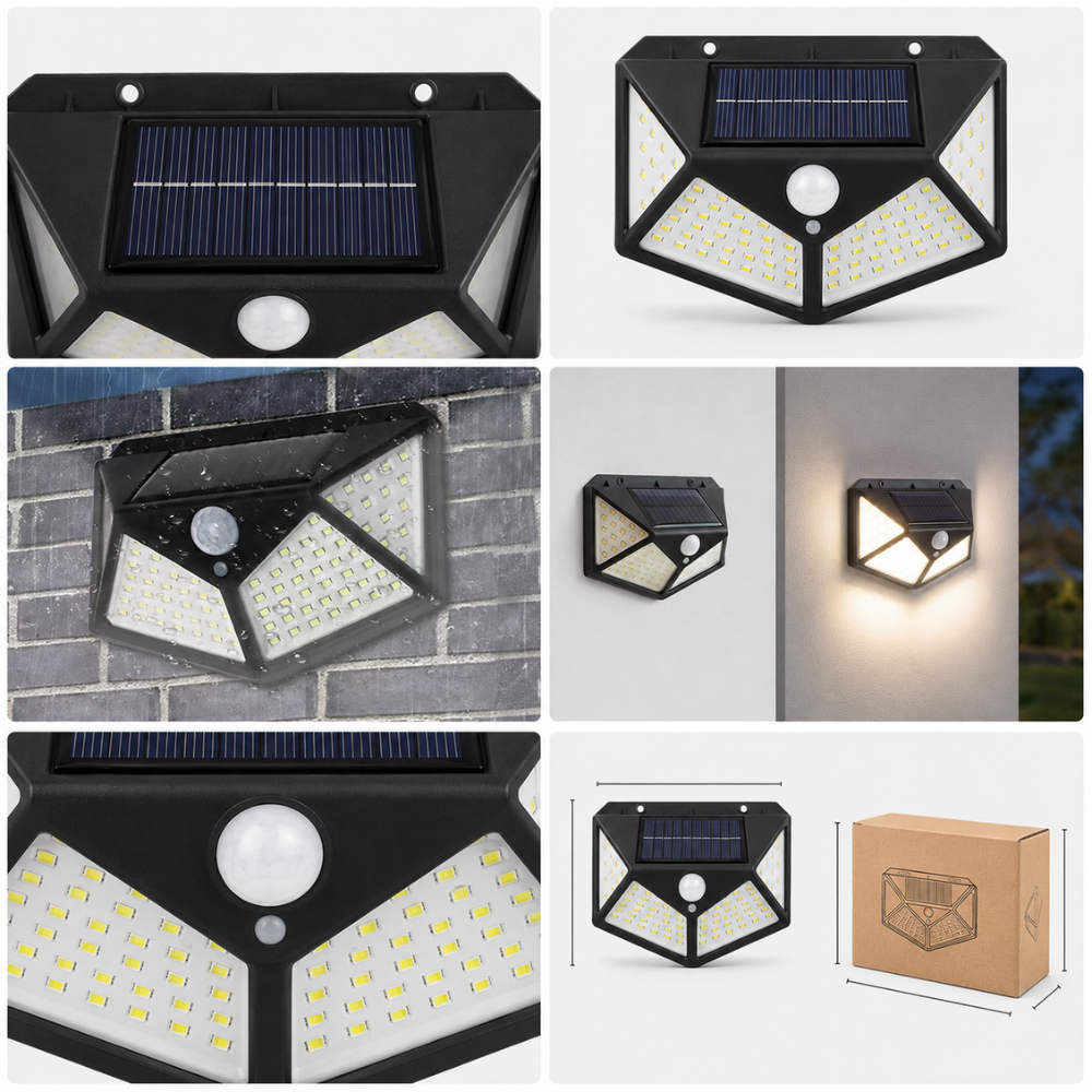 Luz Exterior a Energia Solar com Sensor Automático – 100 LEDs, Proteção IP65 e 3 Modos de Iluminação