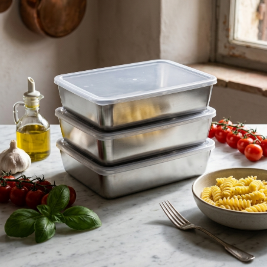 Caixas herméticas de inox 304 — o teu frigorífico mais arrumado e limpo (20×25×5 cm)