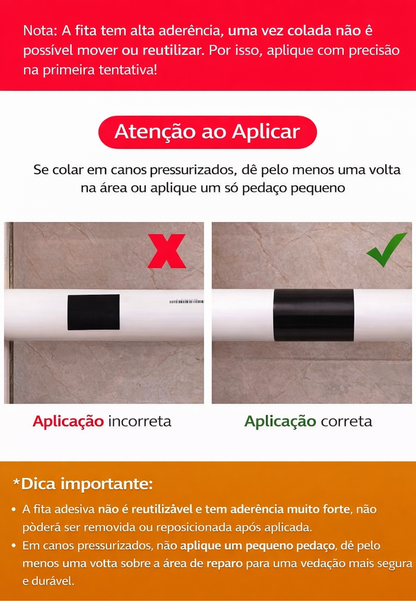 Fita Vedante Impermeável de Alta Aderência, Fita de Reparo em Borracha com Adesivo Ultra Forte, Veda Vazamentos Instantaneamente Mesmo com Água Correndo