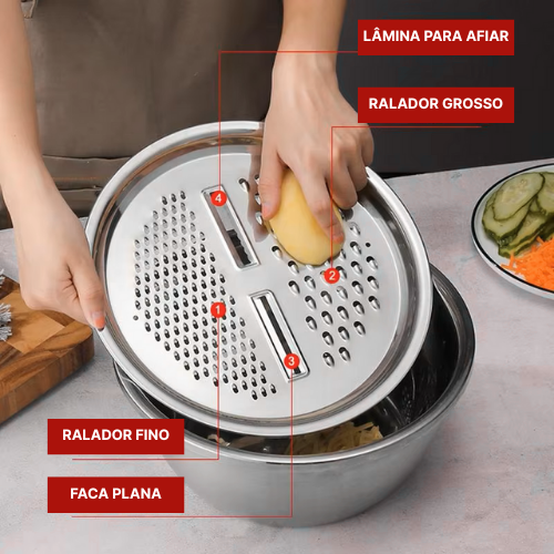 Conjunto 3 em 1 com Bacia de Inox, Escorredor e Cortador/Ralador de Legumes