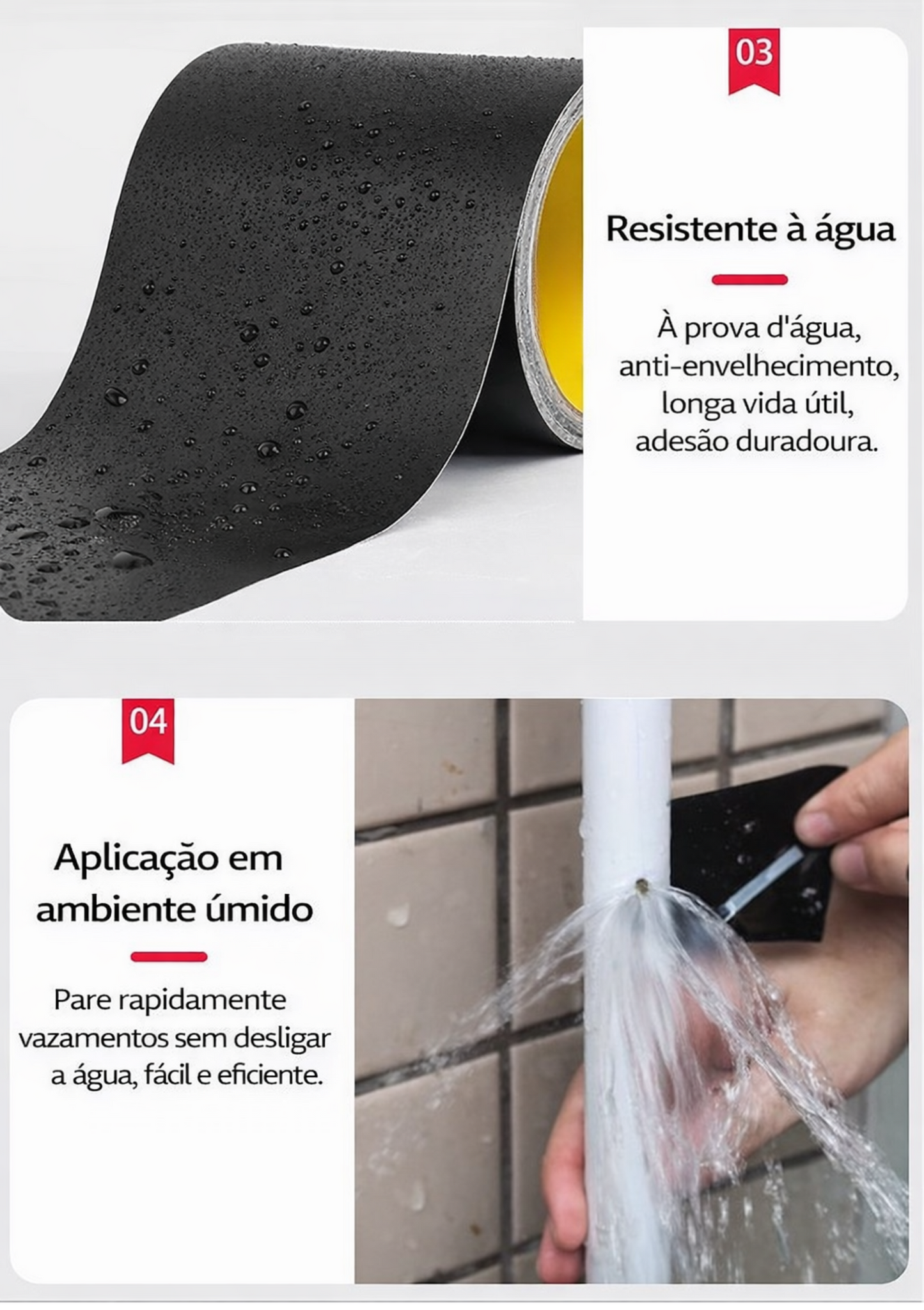 Fita Vedante Impermeável de Alta Aderência, Fita de Reparo em Borracha com Adesivo Ultra Forte, Veda Vazamentos Instantaneamente Mesmo com Água Correndo