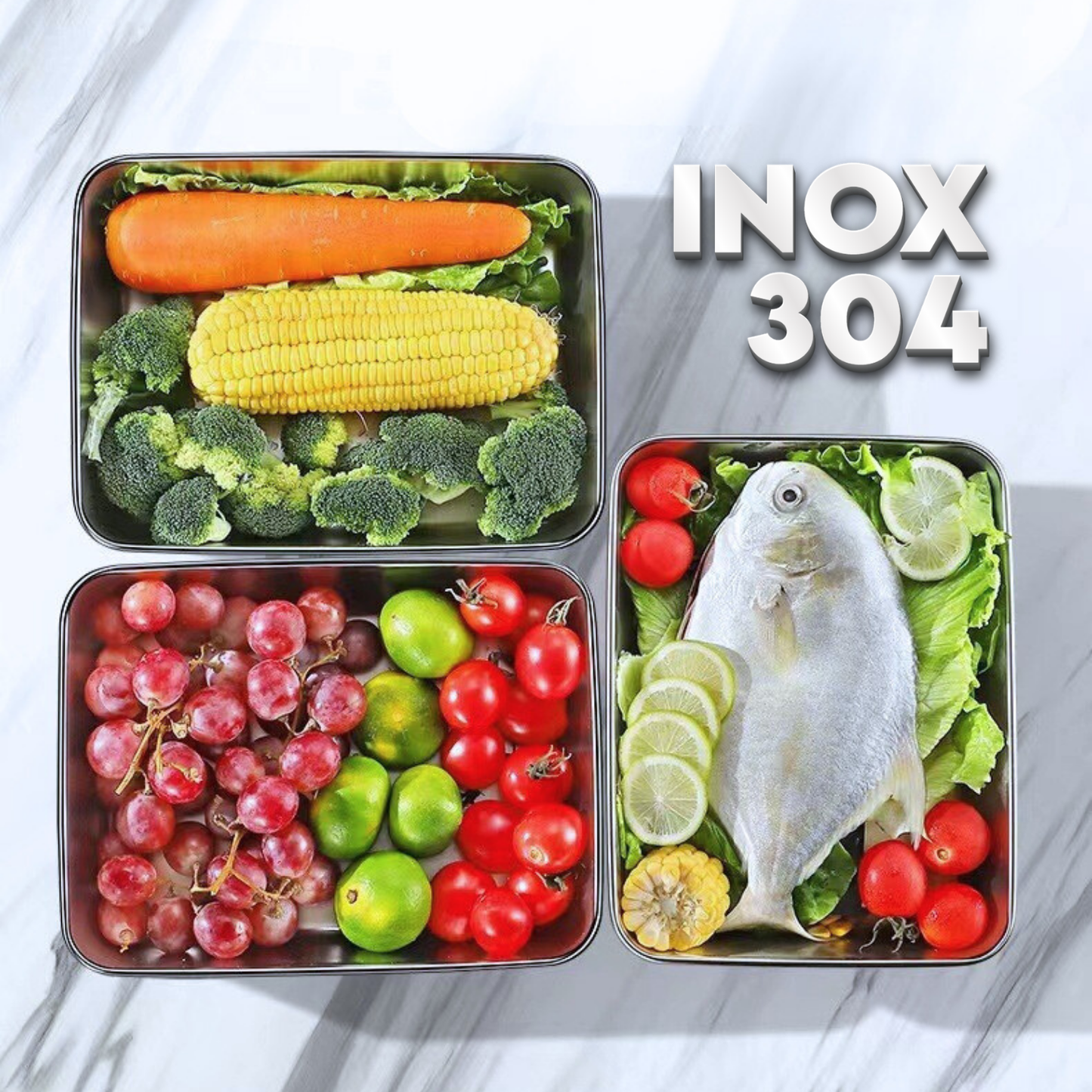Bandeja em aço inoxidável 304 premium – mantém os alimentos frescos até 5× mais tempo