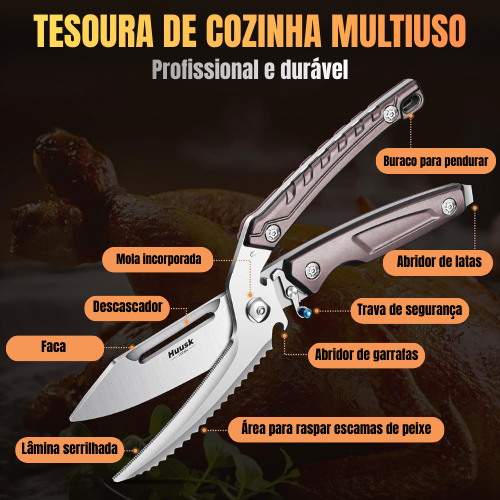Tesoura de Aves Desmontável de Importação Alemã – Multifuncional para Frango, Ossos, Carne, Peru e Peixe (Cor Prata)