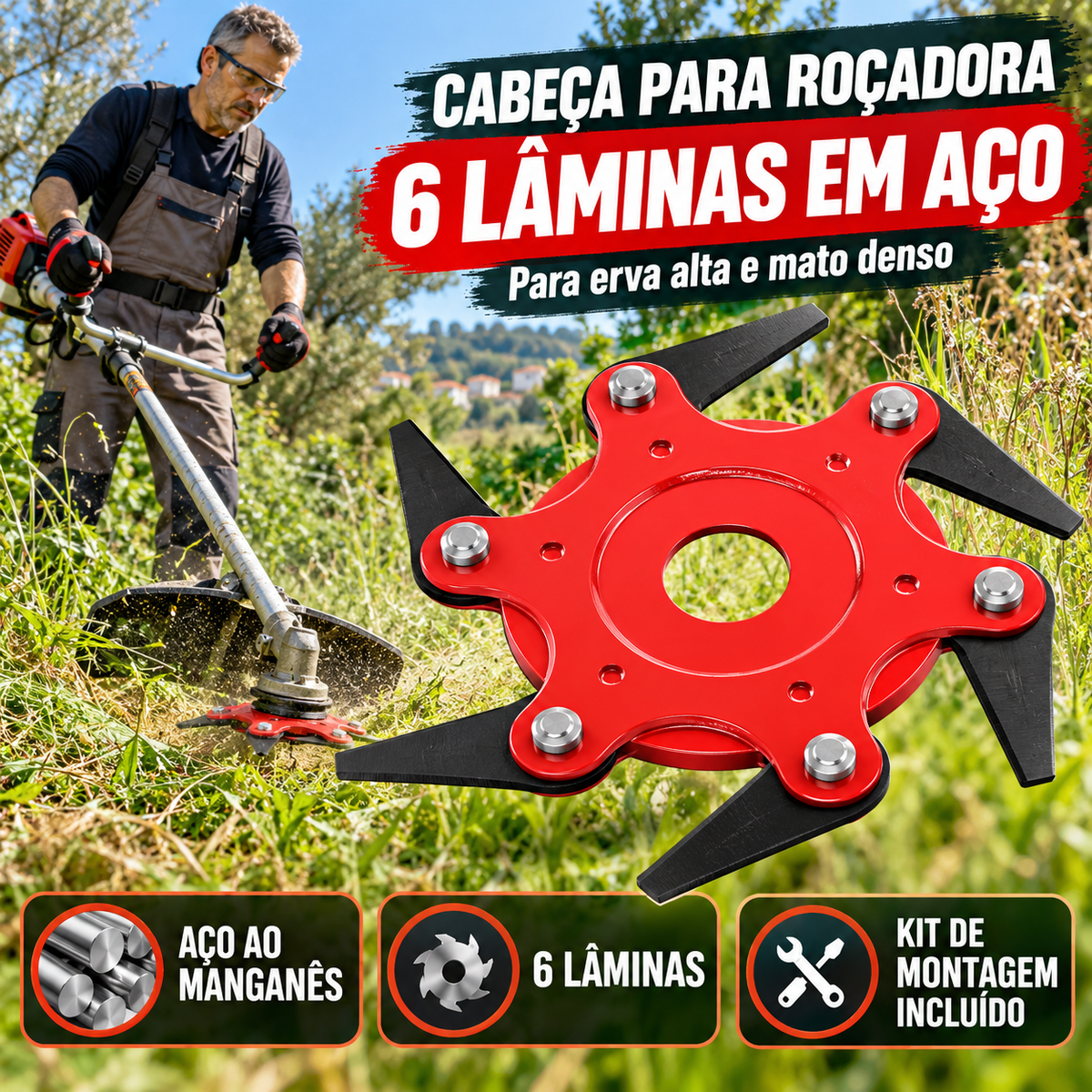 Cabeça de cortador de grama de aço com 6 lâminas