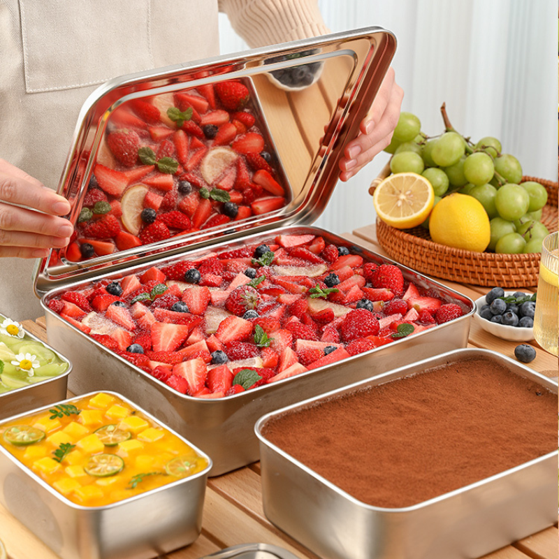 [🎁 Conjunto 7+2 Grátis]  SUS304 Caixas Com Tampa Para Tabuleiro De Servir Em Aço Inoxidável  – Saudáveis, Premium e Compatíveis com Micro-ondas (2000ml)