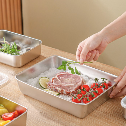 Caixas para conservação de alimentos, bandeja retangular de aço inox SUS304 (25x20x5cm)