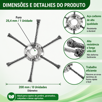 A cabeça do cortador tem 6 ramos tecidos com fio de aço resistente.
