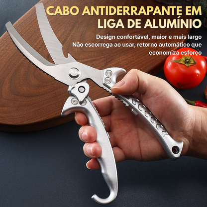 Tesoura de Cozinha Multifuncional em Aço Inoxidável com Trava de Segurança – Tesoura Profissional para Corte de Ossos