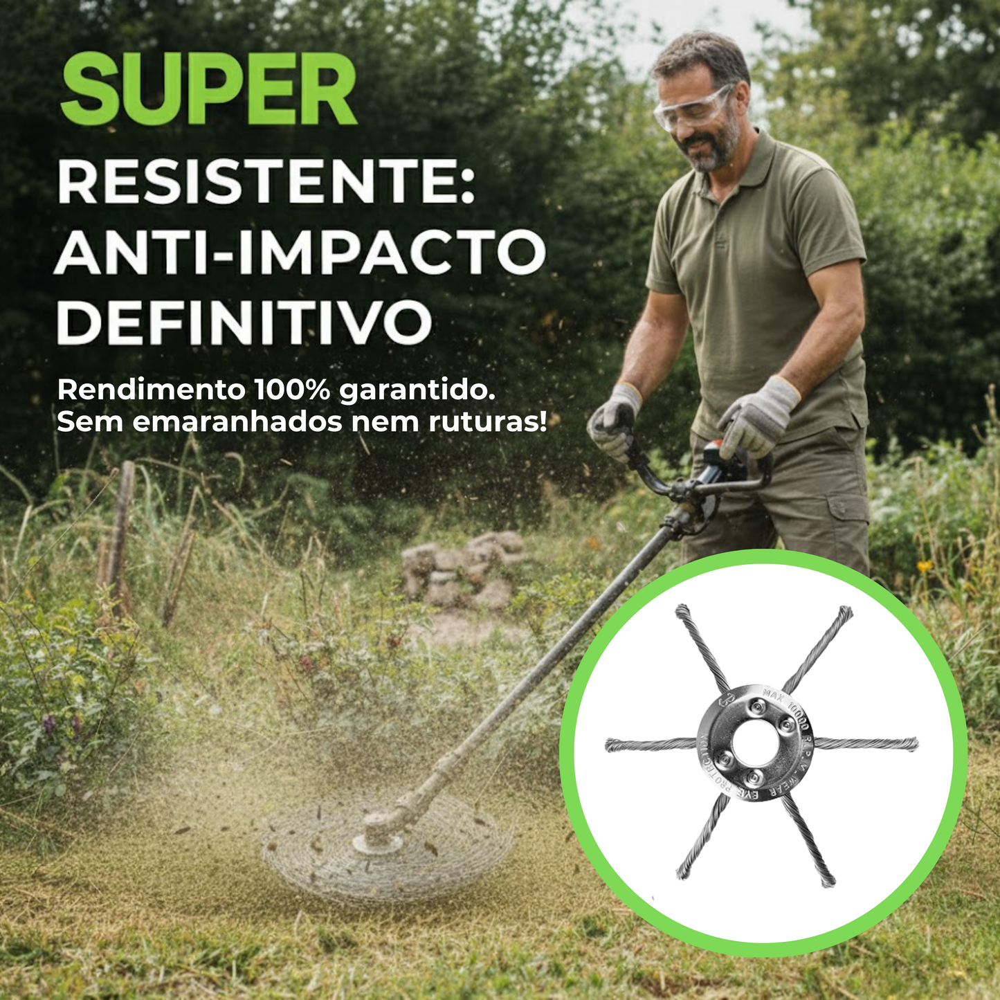 A cabeça do corta-relva tem 6 braços entrelaçados com arame de aço resistente.