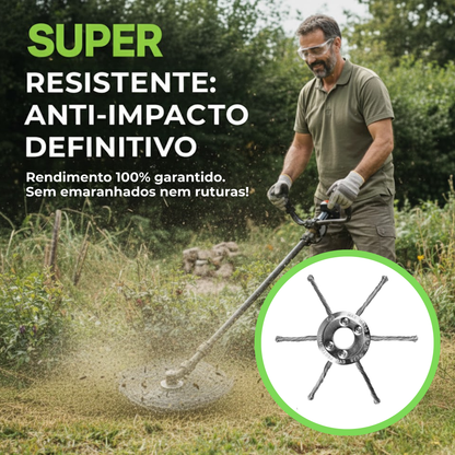 A cabeça do corta-relva tem 6 braços entrelaçados com arame de aço resistente.
