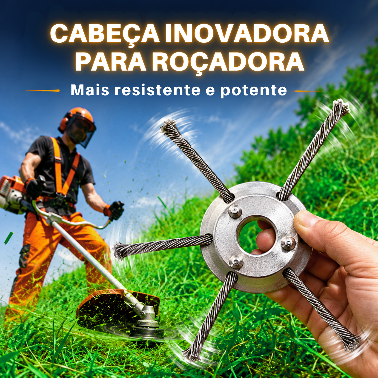 A cabeça da roçadora tem 6 braços em arame de aço entrançado resistente
