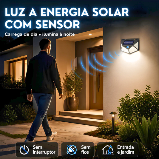 Luz Exterior a Energia Solar com Sensor Automático – 100 LEDs, Proteção IP65 e 3 Modos de Iluminação