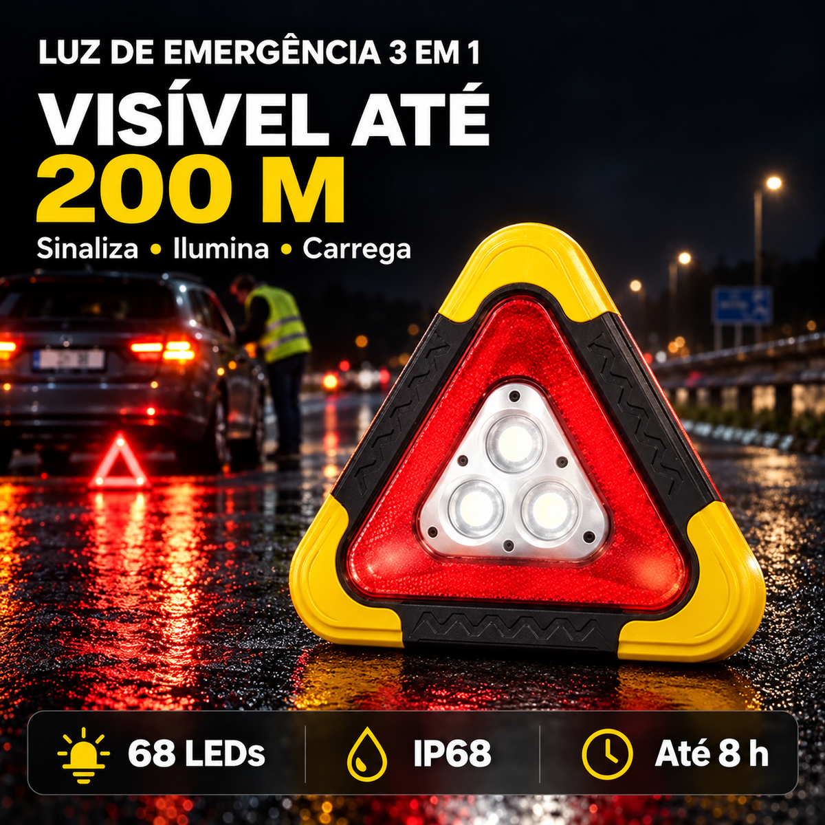 Triângulo de Sinalização LED 3 em 1 para Automóvel