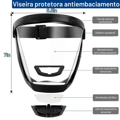 A viseira protege o rosto contra o pó fino e a neblina