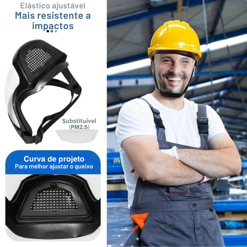 A viseira protege o rosto contra o pó fino e a neblina