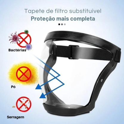 A viseira protege o rosto contra o pó fino e a neblina