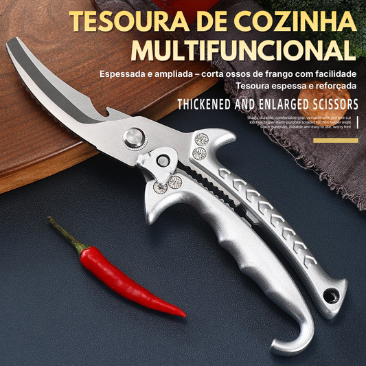 Tesoura de Cozinha Multifuncional em Aço Inoxidável com Trava de Segurança – Tesoura Profissional para Corte de Ossos