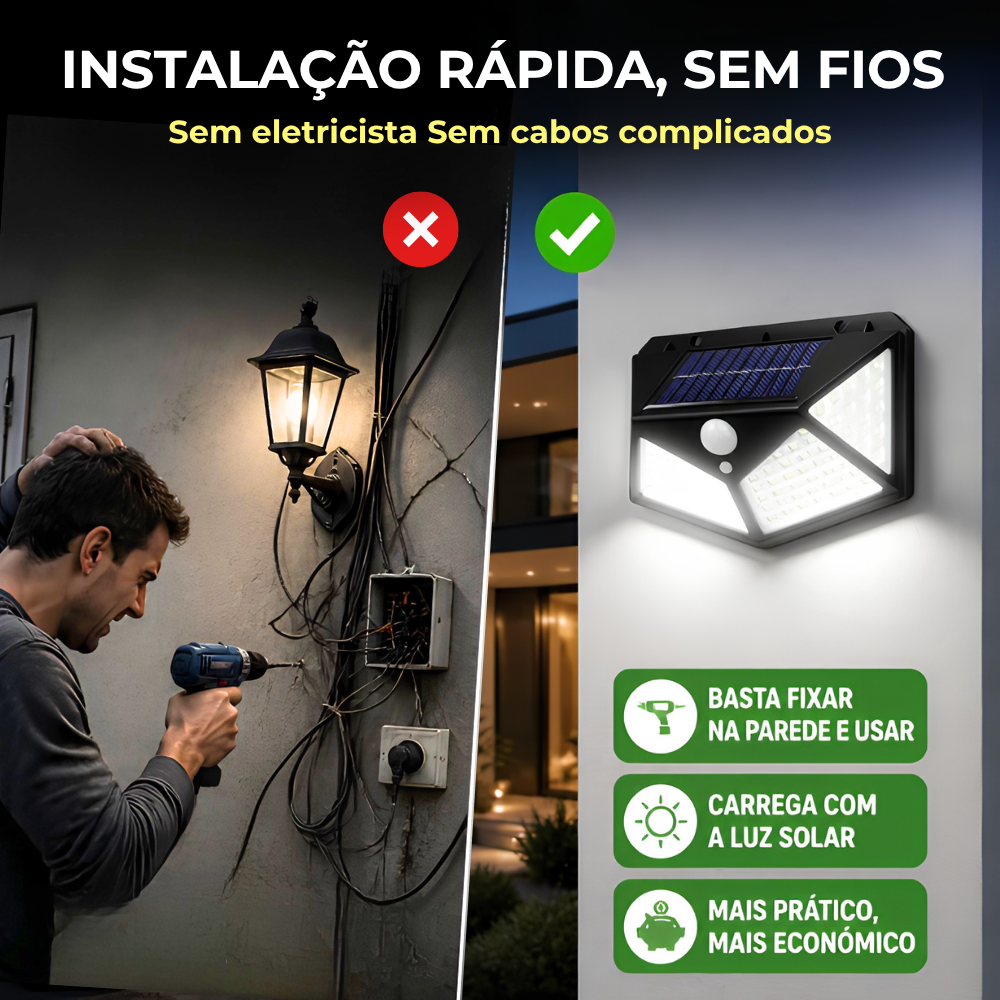 Luz Exterior a Energia Solar com Sensor Automático – 100 LEDs, Proteção IP65 e 3 Modos de Iluminação