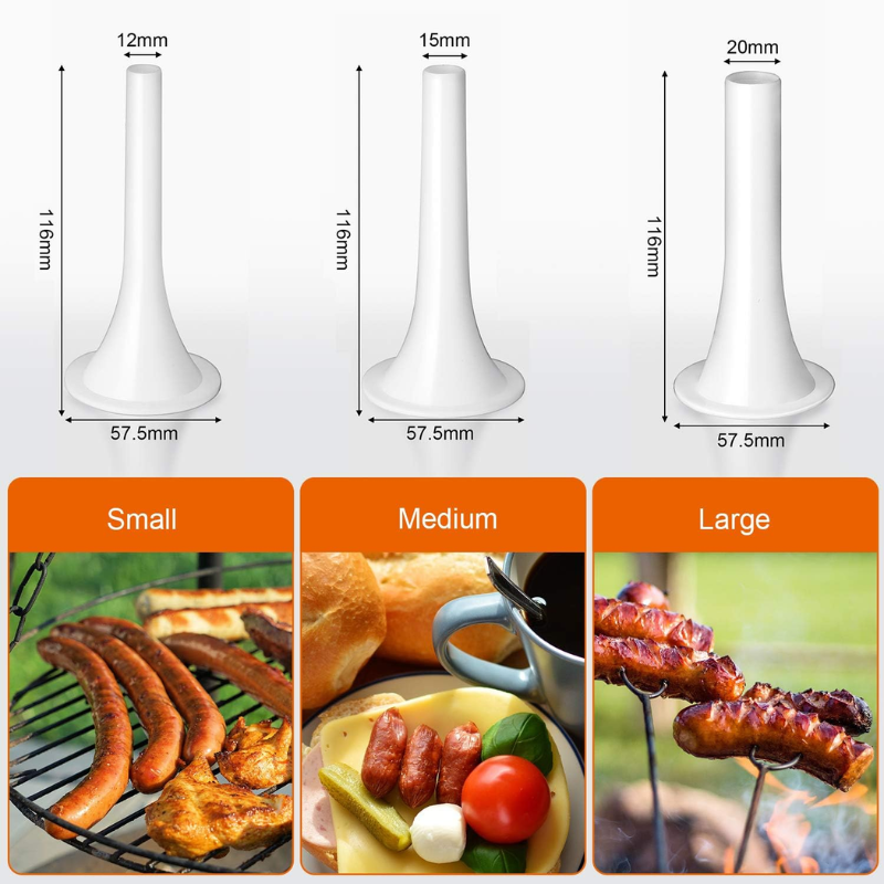 Máquina de Enchidos Manual Portátil, com 3 Bicos de Enchimento de Diferentes Tamanhos – Enchedor de Carne em Material Alimentar para Uso Doméstico (Branco)