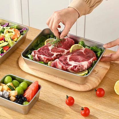 Caixa de armazenamento de alimentos SUS304, tabuleiro retangular em aço inoxidável com tampa de borracha, seguro para a saúde. (25cm*19,5cm*5cm)