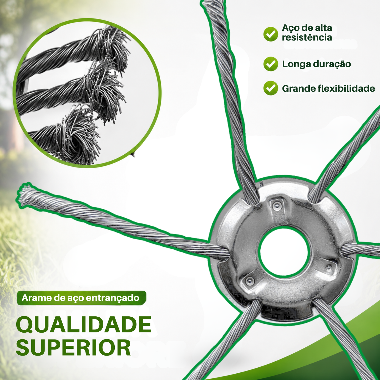 A cabeça da roçadora tem 6 braços em arame de aço entrançado resistente