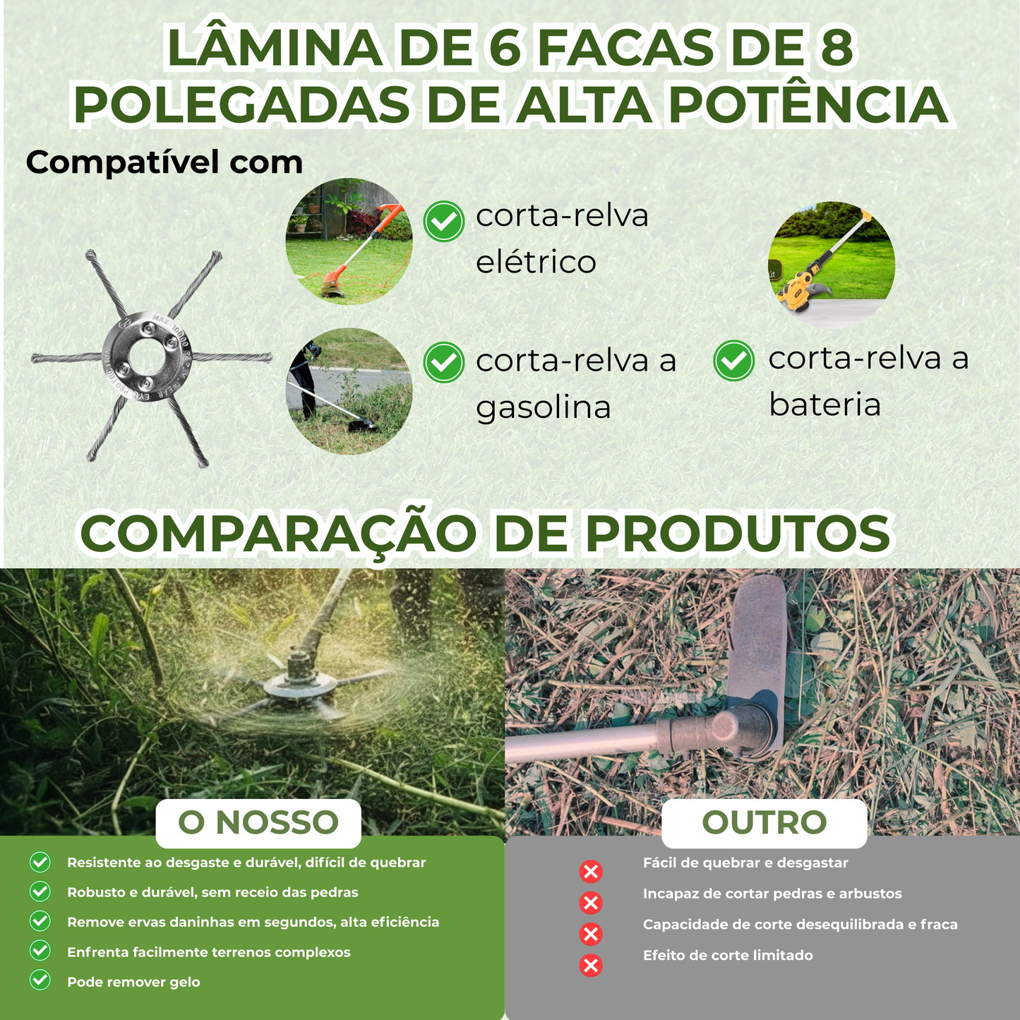 A cabeça do corta-relva tem 6 braços entrelaçados com arame de aço resistente.