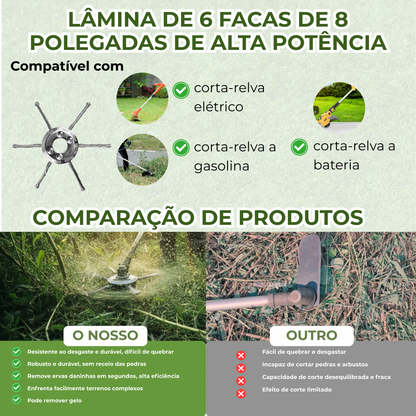 A cabeça do corta-relva tem 6 braços entrelaçados com arame de aço resistente.