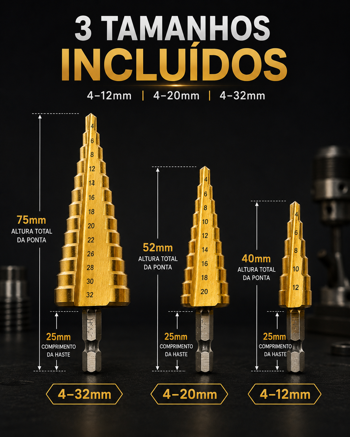 Kit de 3 Brocas Escalonadas Revestidas a Titânio – 4 a 32 mm