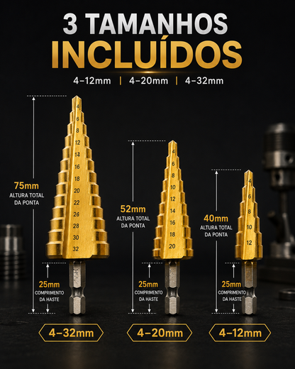 Kit de 3 Brocas Escalonadas Revestidas a Titânio – 4 a 32 mm