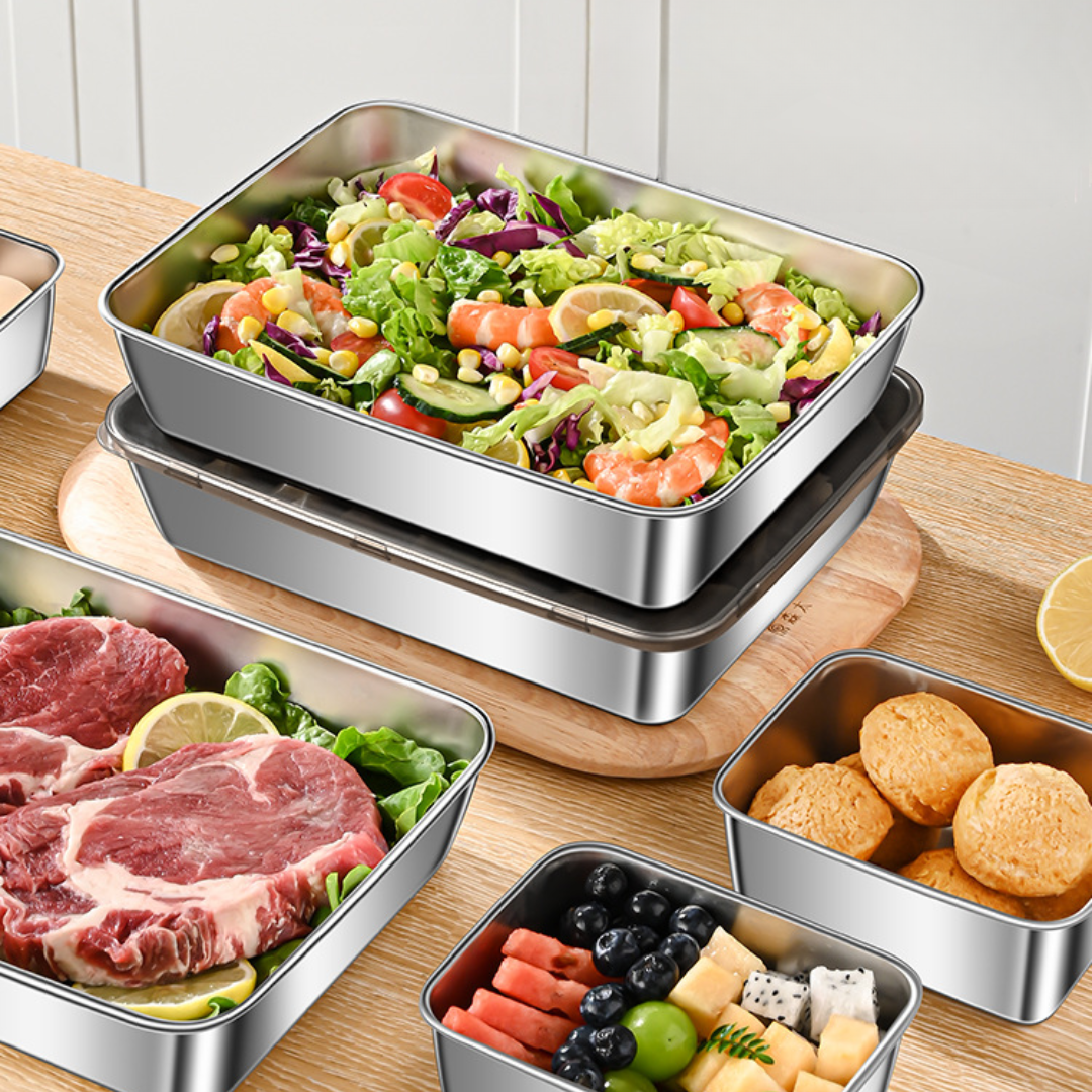 Recipiente para alimentos SUS304, tabuleiro retangular em aço inoxidável com tampa em aço inoxidável, seguro para a saúde. (22cm*15cm*6cm)
