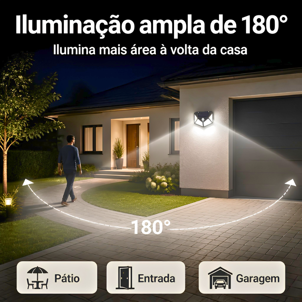 Luz Exterior a Energia Solar com Sensor Automático – 100 LEDs, Proteção IP65 e 3 Modos de Iluminação