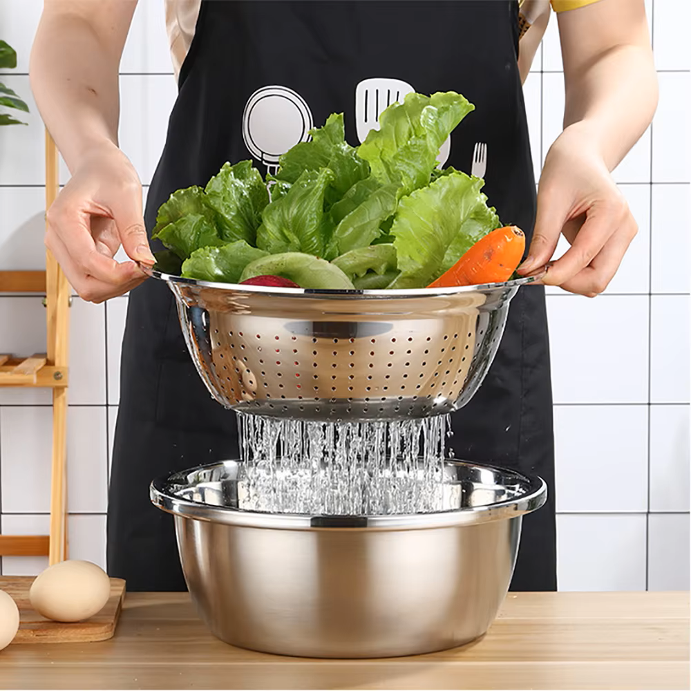 Conjunto 3 em 1 com Bacia de Inox, Escorredor e Cortador/Ralador de Legumes