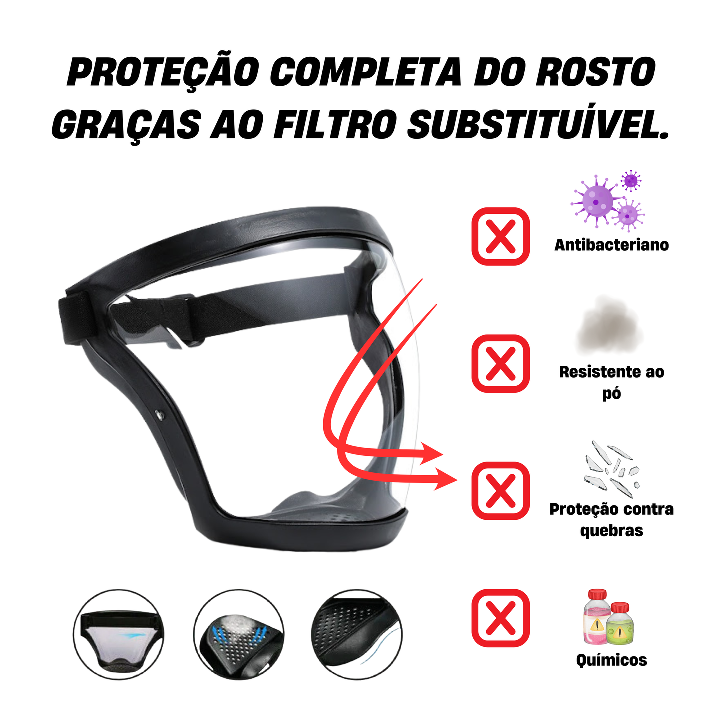 A viseira protege o rosto contra poeiras finas e névoa.